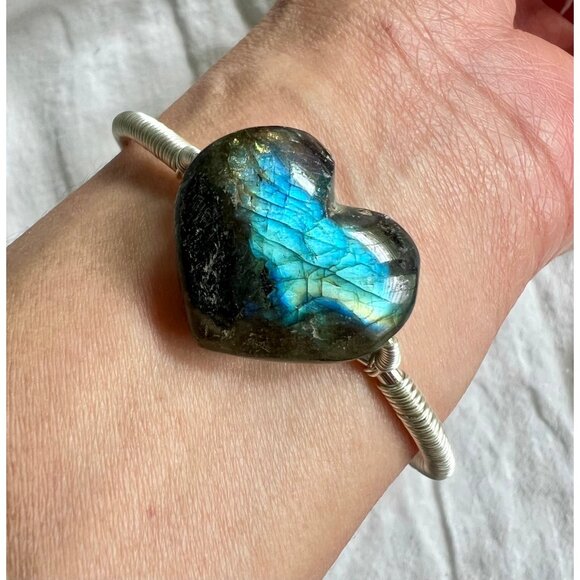 Your Choice! Flash Labradorite ❤️ Heart Cuff Bangle Bracelet - Picture 8 of 13